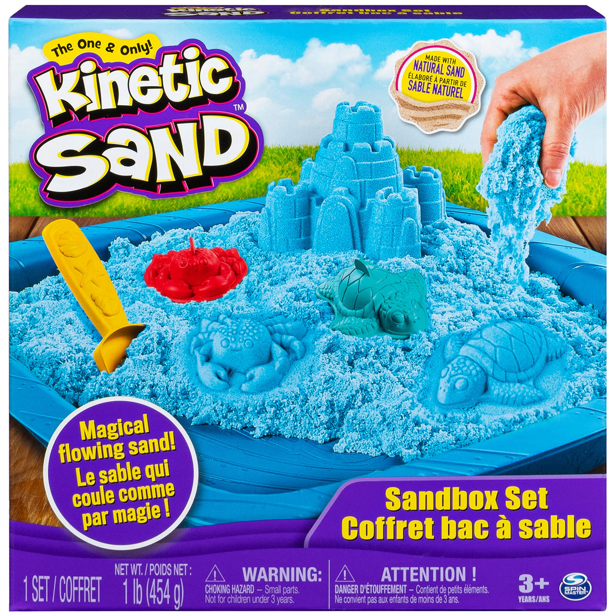 Kinetic Sand Sandbox Set Kids Toy with 1lb All-Natural Blue and 3 Molds Sensory Toys for Kids Ages 3 and Up
