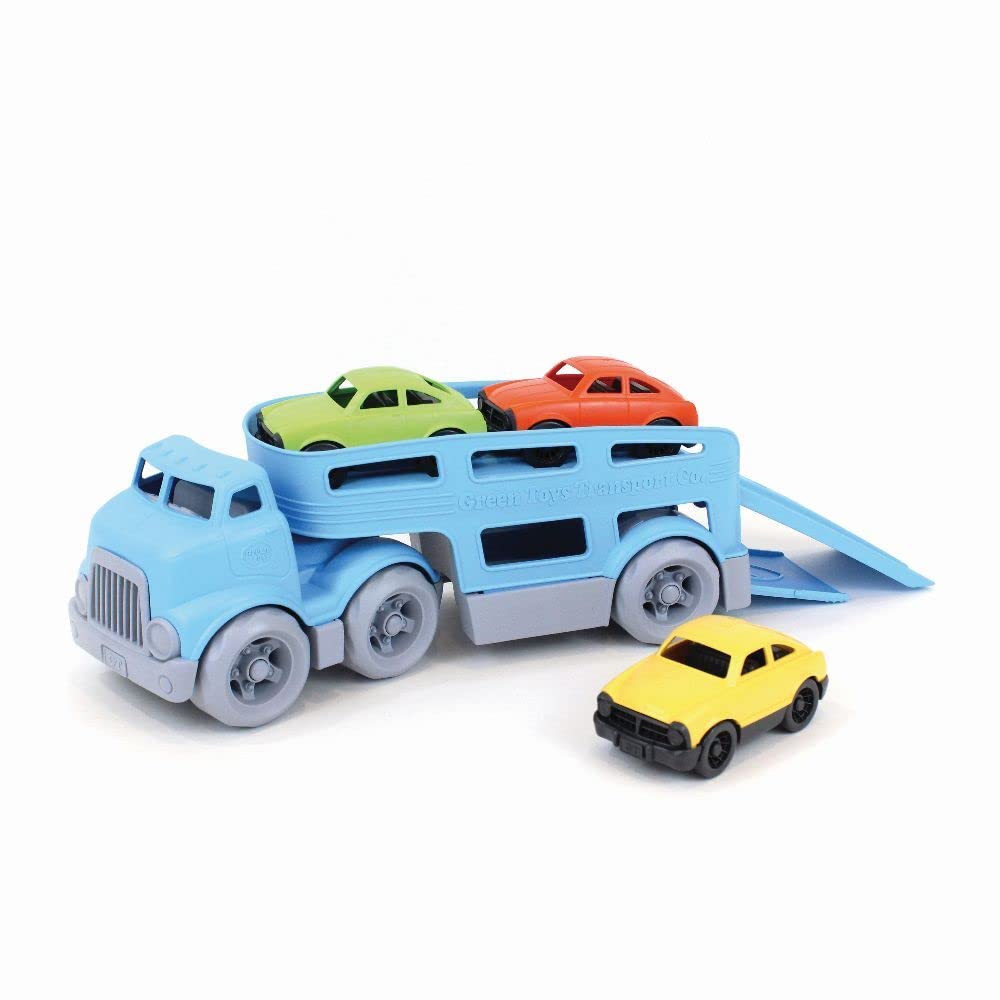 Green Toys Car Carrier Blue - Pretend Play Motor Skills Kids Toy Vehicle. No BPA phthalates PVC. Dishwasher Safe Recycled Plastic Made in USA (4 Piece Set)