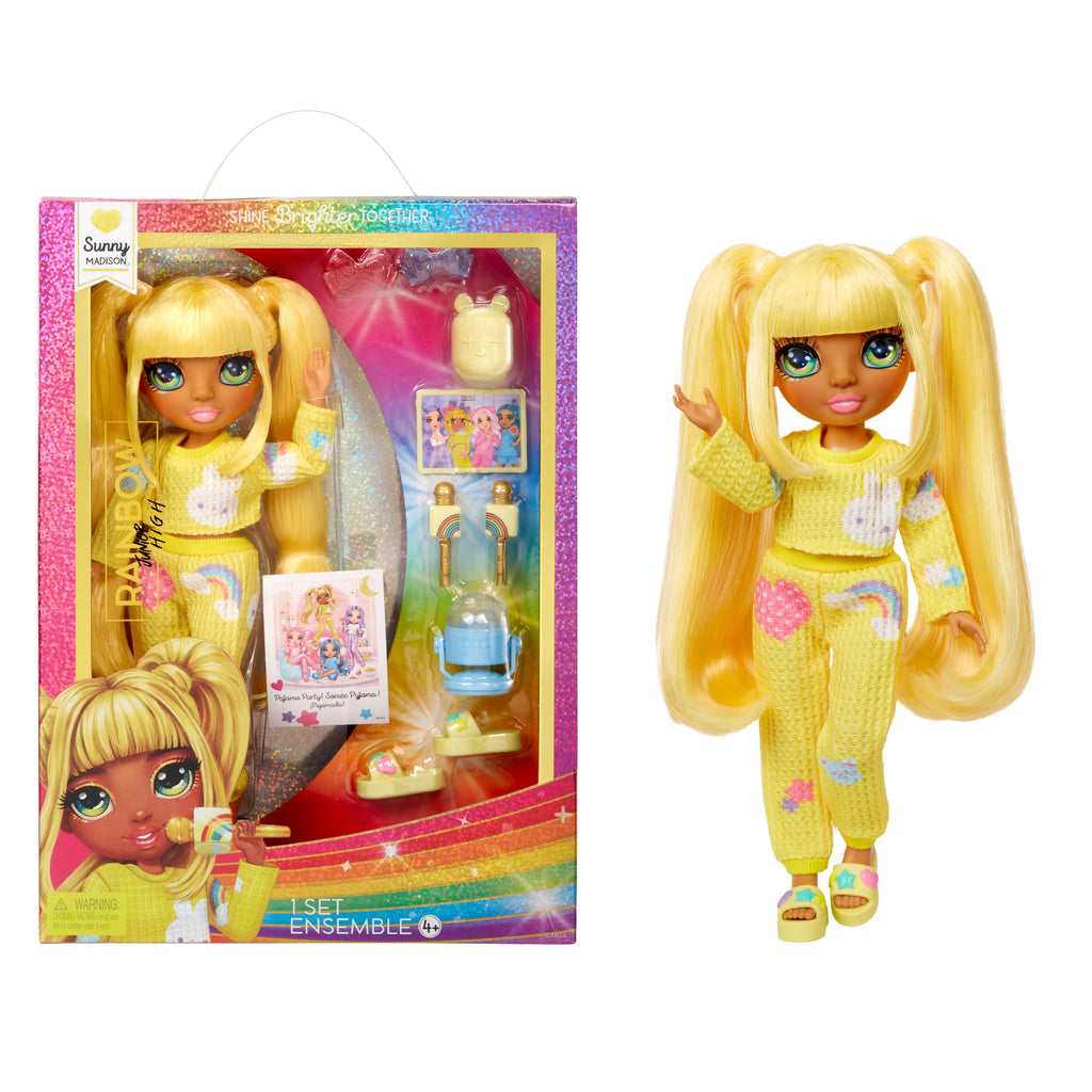 Rainbow High Jr High PJ Party-Sunny (Yellow) 9” Posable Doll with Soft Onesie Slippers Play Accessories Kids Toy Ages 4-12 Years