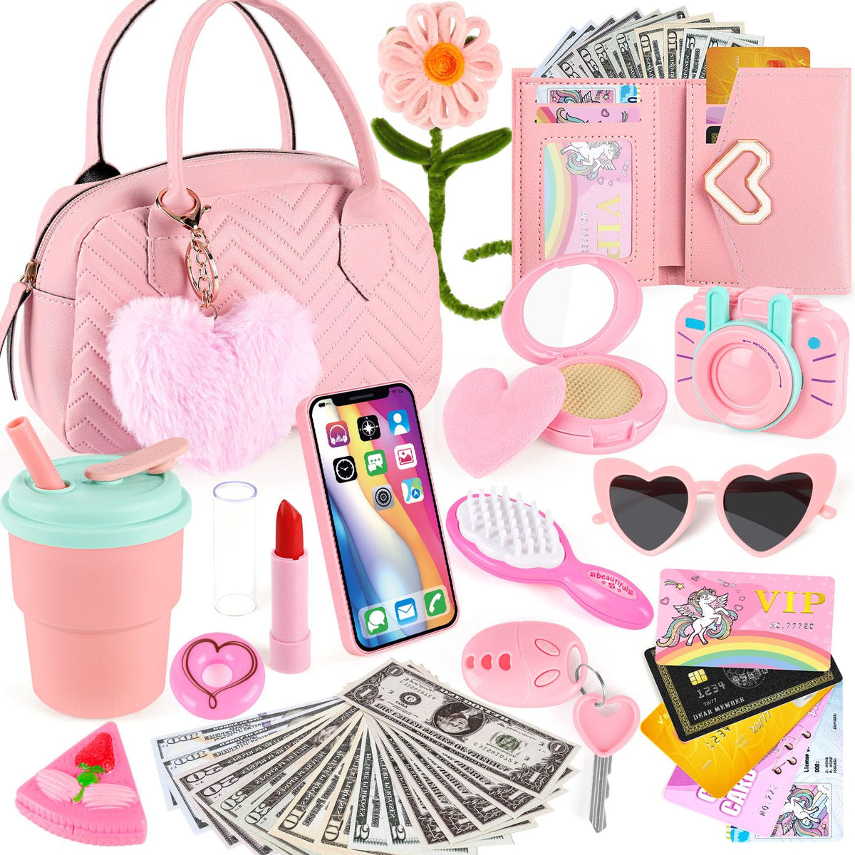 Play Purse for Little Girls Toddler Little Girls Purse with Pretend Makeup Princess Pretend Play Girls Toys with Handbag Kids Toy Purse Birthday for Girls 3 4 5 6 7 8 Year Old